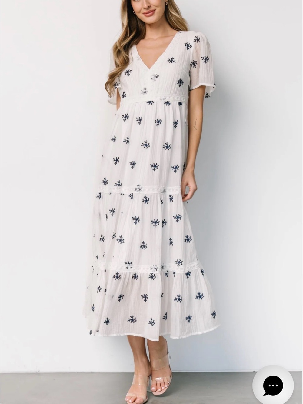 Baltic Born White Maxi Dress with Navy Floral Embroidery